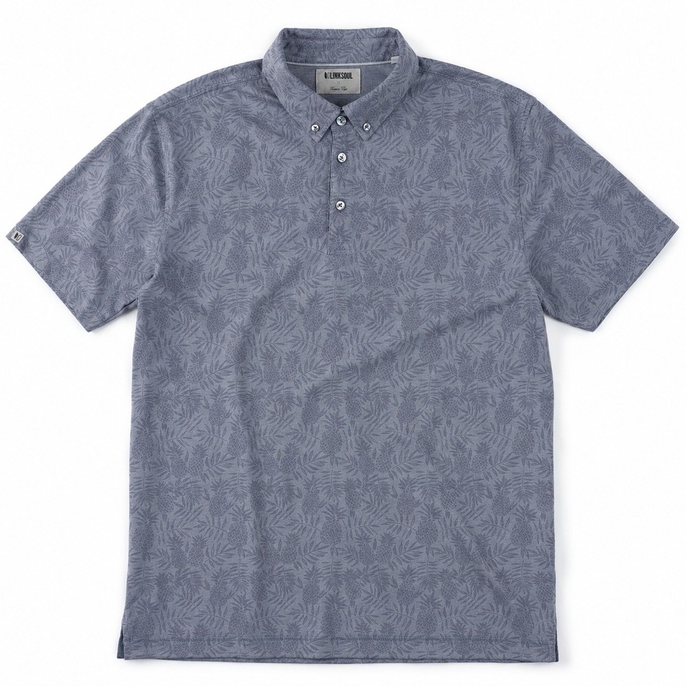 Linksoul Polo Shirt Mens Large Pineapple Print Golf Casual Blue